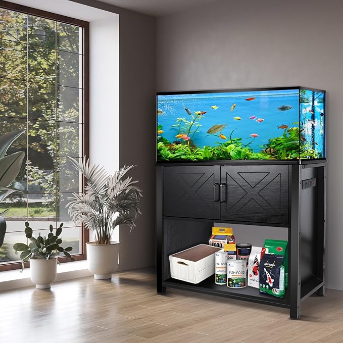 40 Gallon Tank Stand with Cabinet and Power Outlets, Heavy Duty Metal Aquarium Stand for 40-50 Gallon Breeder Tank, Turtle Tank, Double Terrarium Stand, 660LBS Capacity, Black
