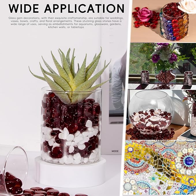 2 LB Dark Red Glass Marbles, Mini Flat Glass Beads for Vase Fillers, Floral Bottom Mancala Gems Pebbles Fish Tank Rocks for Table Aquarium,Home Decor Art Craft Supplies(0.5"~0.7")