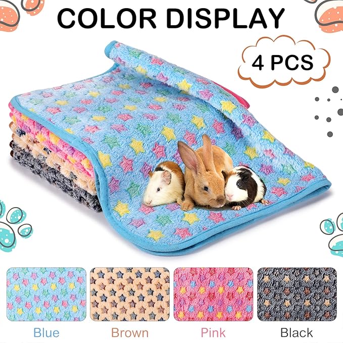 4 Pcs Waterproof Guinea Pig Blankets Washable Small Animal Fleece Bedding Absorbent Guinea Pig Cage Liners Reusable Pet Pee Pad Sleep Mat Pad Cover for Hamster Ferret (Star Pattern,12 x 12 Inch)