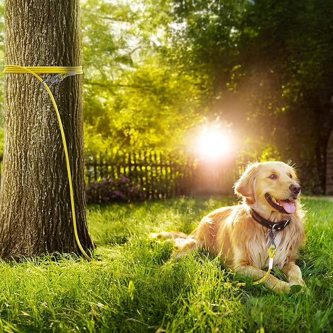 Tresbro 15FT Reflective Tie Out Cable for Dogs Up to 250 Pounds, Steel Wire Lead Leash Cable with Stainless Rotatable Buckle, Lightweight and Enduring, Dog Chains Outside for Outdoor, Yard, Yellow
