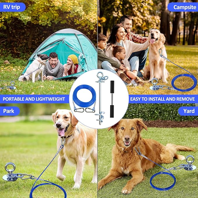 TOPKNOT Dog Tie Out Cable and Stake,360°Swivel Dog Run Anchor，with 30FT Heavy Duty Cable- No Tangle,Dog Runner for Yard - Up to 150LBS,Ideal for Outdoor Camping