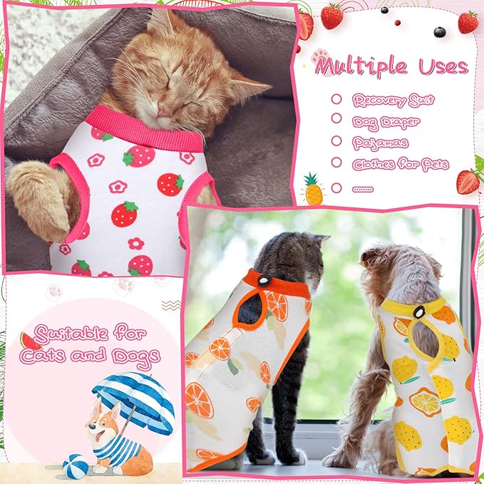 Nuanchu 3 Pieces Cat Recovery Suit Kitten Recovery Suit E-Collar Alternative for Cats and Dogs Abdominal Skin Anti Licking Pajama Clothes Sets(Fruit Pattern,Large)