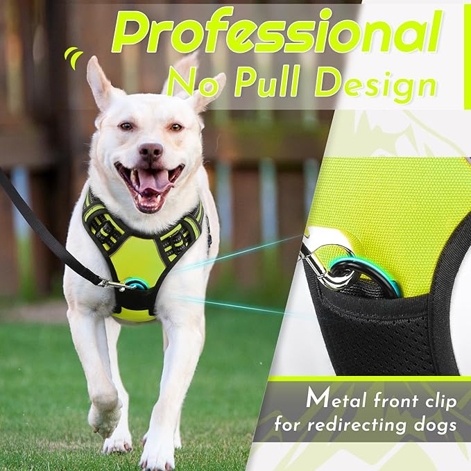 Eagloo Dog Harness Large Breed, No Pull Service Vest with Reflective Strips and Control Handle, Adjustable and Comfortable for Easy Walking, No Choke Pet Harness with 2 Metal Rings, Green, XL