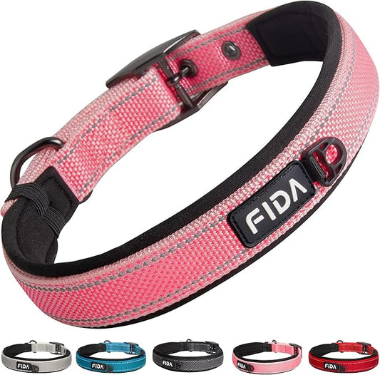 Fida Heavy Duty Dog Collar, Ultra Comfortable Soft Neoprene Padded, Adjustable Reflective Nylon Pet Collar with Durable Metal Belt Buckle for Small Breeds (S, Pink)