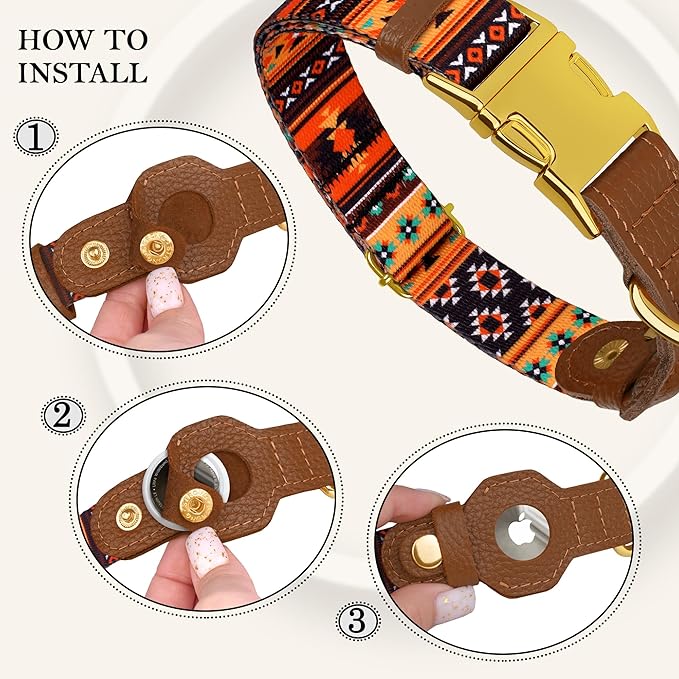 AirTag Dog Collar for Small Medium Large Breed - Adjustable Cute Pattern Dog Collar with Airtag Holder - Soft Leather Tracker GPS Apple Air Tag Pet Collars (X-Large, 20"-25" Neck Fit, Western)