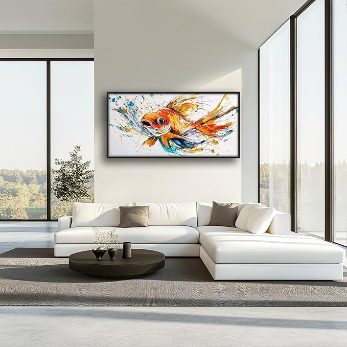 Framed Large Fish Wall Art for Living Room, Oversized Graffiti Goldfish Wall Decor Watercolor Fishing Canvas Painting Modern Artwork Home Decoration for Living Room Bedroom Office 60"x30"