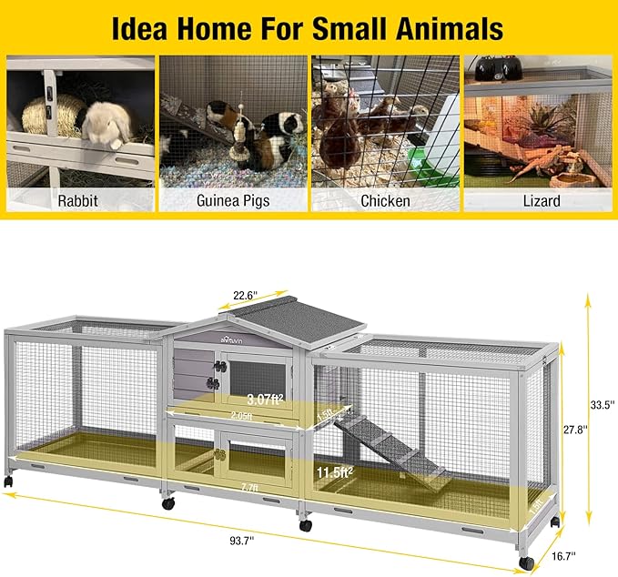 Aivituvin Rabbit Hutch 93.7" Large Rabbit Cage Indoor Outdoor Guinea Pig Cage Chicken Coop on Wheels Bunny Cage with 4 Deep No Leakage Pull Out Tray,Waterproof Roof