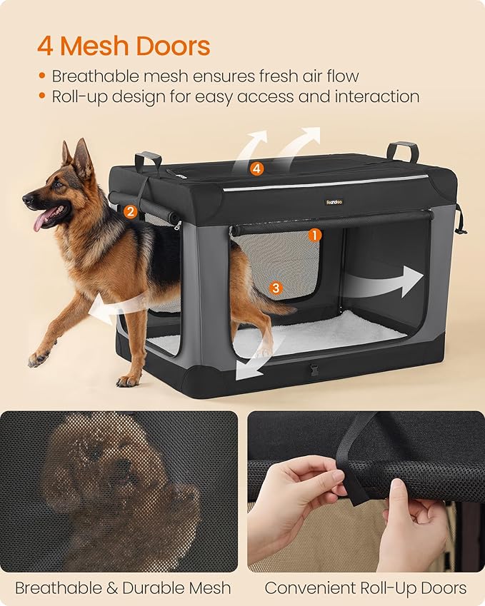 Feandrea Collapsible Dog Crate, 42-Inch Portable Dog Travel Crate for Large Dogs, Oxford Fabric Pet Carrier with 4 Mesh Doors, Handles, Storage Pocket, Water Bottle Holder, Ink Black UPDC021B01