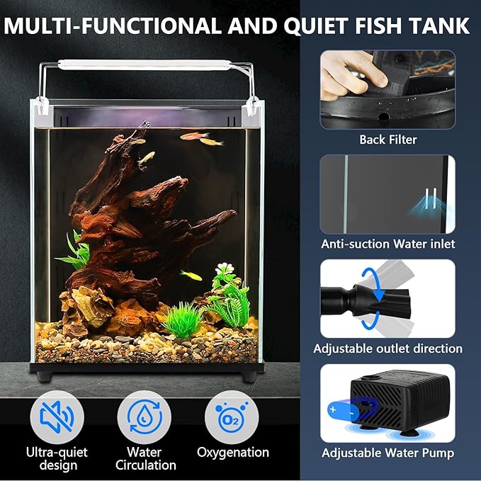 fishkeeper 4 Gallon Fish Tank Starter Kit, Small Aquarium with Filter and Adjustable 3 Color Lighting Self Cleaning Fish Bowl Rimless Aquarium for Beginners (Freshwater Fish Tank)