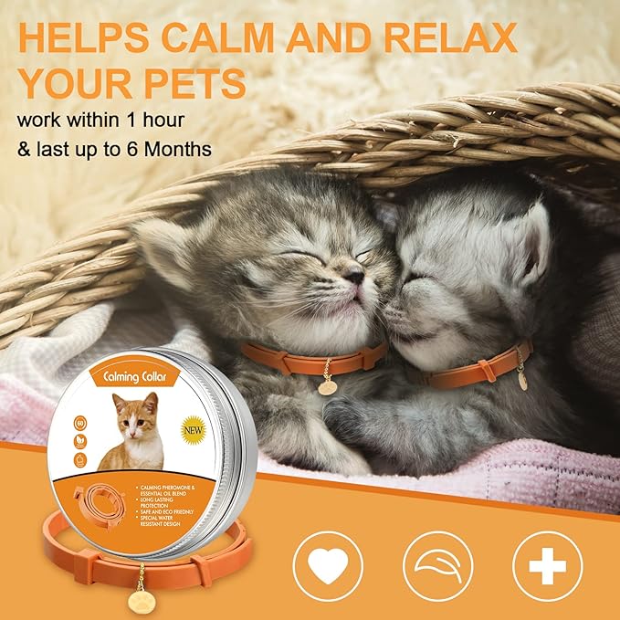 4 Pcs Cat Calming Collar Adjustable Lavender Scent Relaxing Cat Collar with 2 Pendant for Puppies Reduce Stress Aggression Anxious, up to 15 Inches(Orange)