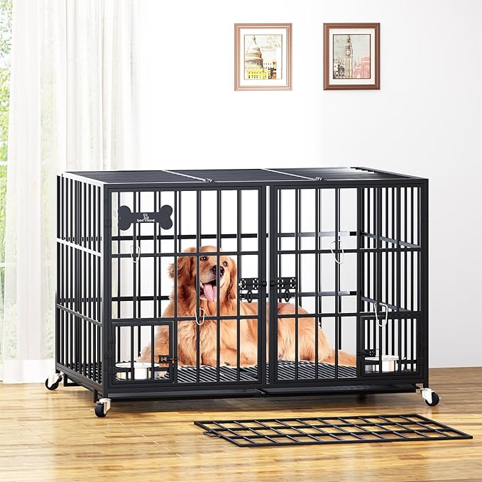 aboxoo 48/42 inch XL Dog Crate for Large Dog/Double Medium Dogs,Heavy Duty Metal Dog Cages,All Metal Open Top,Dog Kennel Indoor with Wheels,Floor Grid, Tray, Divider and Feeding Bowl