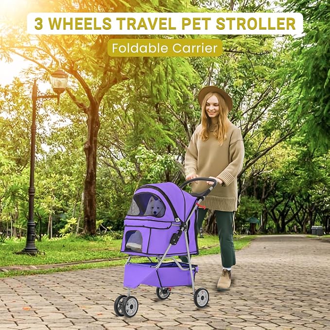 Foldable Pet Stroller,Dog Stroller with 3 Wheel,Pet Strolling Cart,Dog Travel Carrier with Storage Basket and Cup Holder for Dog Puppy,Purple