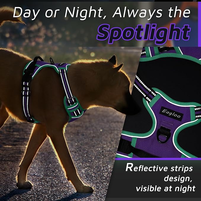 Eagloo Dog Harness for Large Dogs, No Pull Service Vest with Reflective Strips and Control Handle, Adjustable and Comfortable for Walking, No Choke Harness with 2 Metal Rings, Purple & Green, M
