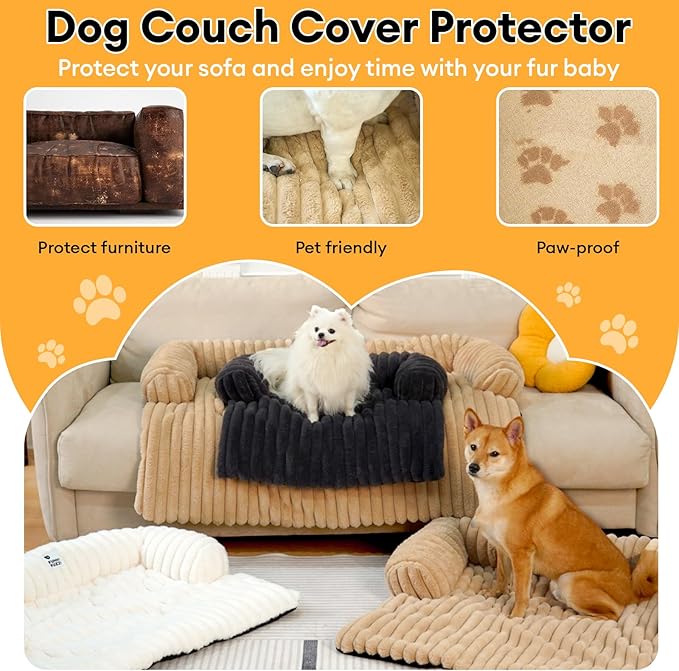 FUNNY FUZZY Pet Couch Cover for Sofa, Calming Dog Bed for Couch, Fluffy Plush Dog Couch Mat for Furniture Protector for Large Medium Small Dogs and Cats, Dark Grey