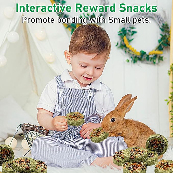 Fhiny 24 PCS Rabbit Chew Toys, Natural Timothy Hay Carrot Pumpkin Purple Potato Biscuit Cubes Bunny Chew Treats for Teeth Care Small Animals Molar Snacks for Hamster Guinea Pig Chinchilla Rat