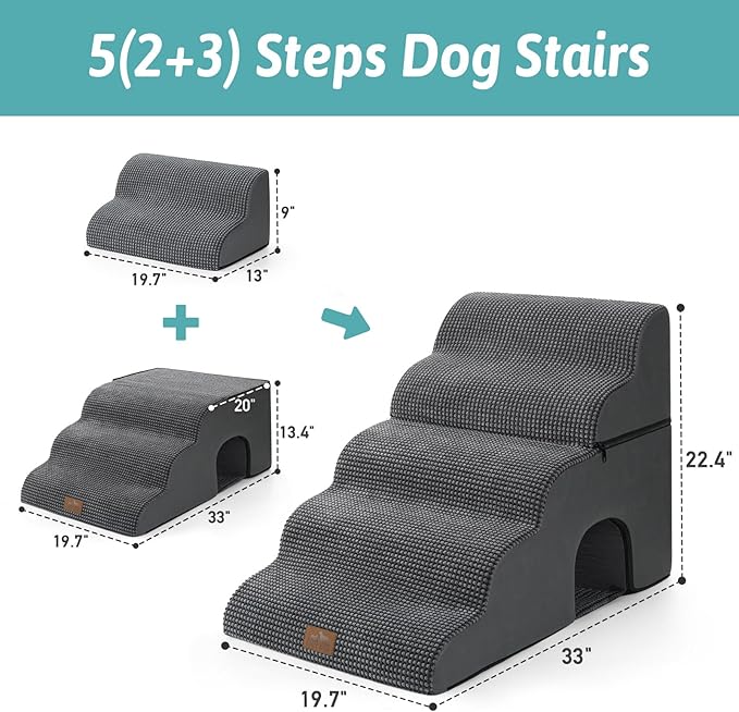 Extra Wide Dog Stairs with Tunnel, Detachable Large Pet Step for Small Medium Dog, Puppy or Cat, Ramp for High Bed, Couch, Sofa or Car, Stable, 19.7x33x22.4 inch, 5 Step, Dark Grey