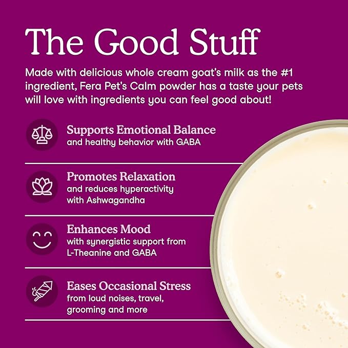 Fera Pets Goat Milk - Calming Supplement for Dogs & Cats - Ashwagandha, L-Theanine, & Passion Flower - Supports Anxiety Relief & Relaxation - for Picky Eaters - 60 TSP