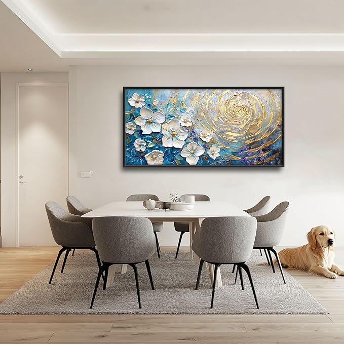 Flower Large Wall Art White Floral Pictures Abstract Golden Spiral Texture Wall Decor Canvas Print Painting Artwork for Bathroom Living Room Bedroom 60L" x 30W"