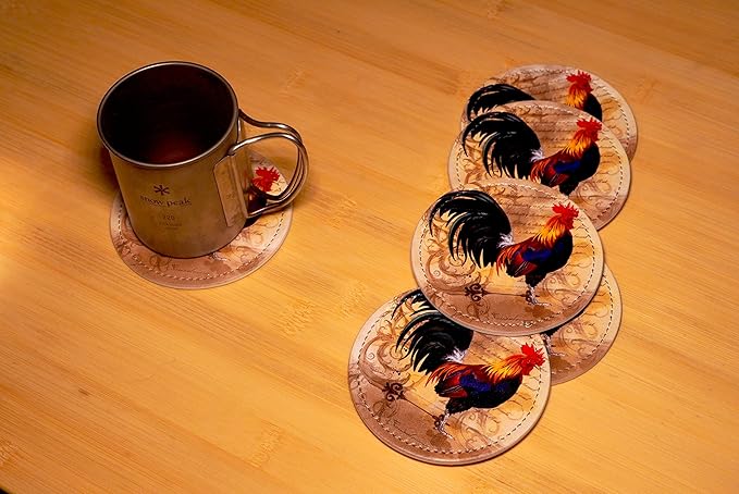 Vintage Rooster Coasters for Drinks with Holder Leather Coasters Set of 6 Table Decor Protect Furniture from Water Marks Scratch and Damage