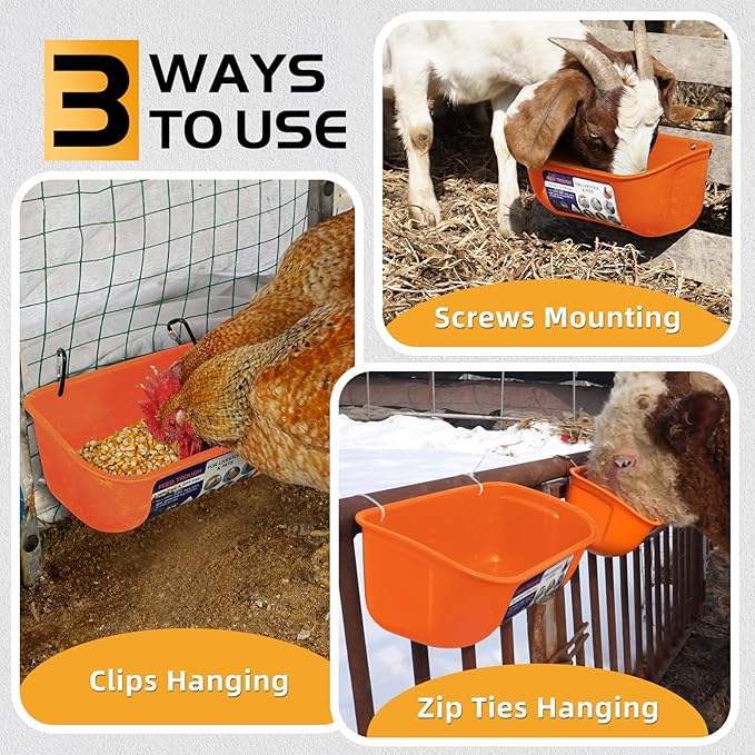 Goovilla Chicken Feeder Waterer, Hanging or Screw-in Fence Feeder with Clips, 2 Pack 5 Quart Goat Feeder Supplies, Duck Piglet Sheeple Coop Dog Livestock Poultry Plastic Feeder Trough Bucket, Orange