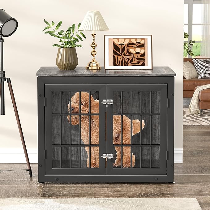 32" Heavy Duty Dog Crate Furniture for Small and Medium Dogs, Metal Kennel for High Anxiety Dogs, Chew Proof Pet Cage Indoor, Decorative Dog Kennel End Table