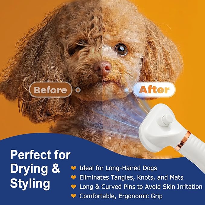 3-in-1 Pet Hair Dryer Brush for Dogs & Cats Portable, Dog Hair Blower & Slicker Brush Adjustable Temp (Low/Middle/High), Overheat Protection