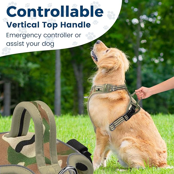 Funfox Dog Harness No Pull, Adjustable Pet Vest Harness, Super Soft Material with Vertical Handle Easy Control, Reflective Night Walking, 2 Leash Clips for XLarge Dogs, Camo Green, XL