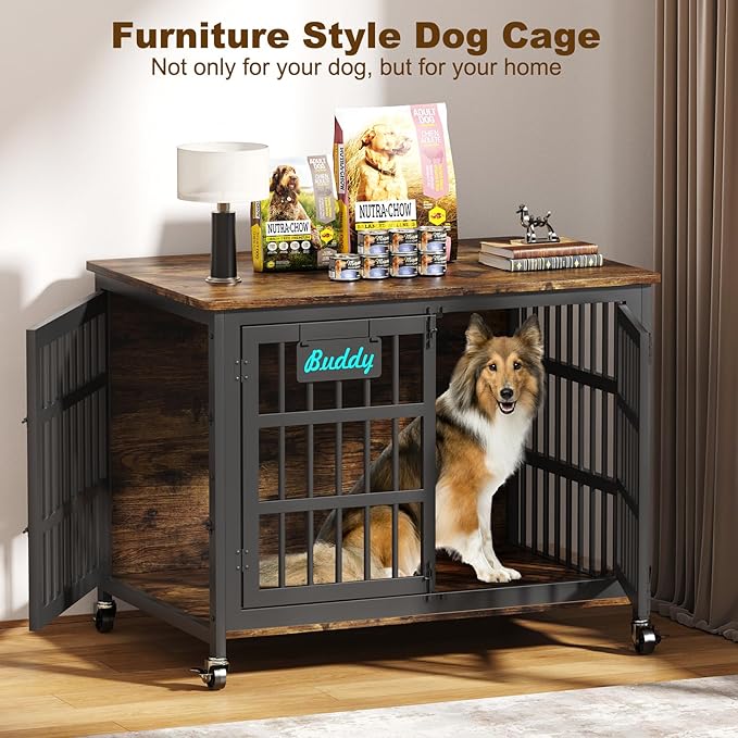 EasyCom 41"/33"/27" Dog Crate Furniture with Name Tag, Heavy Duty Dog Kennel Indoor for Medium Dogs, Double-Doors Sturdy Metal Dog Cage for Anxiety Dog, Decorate House as TV Stand, End Table
