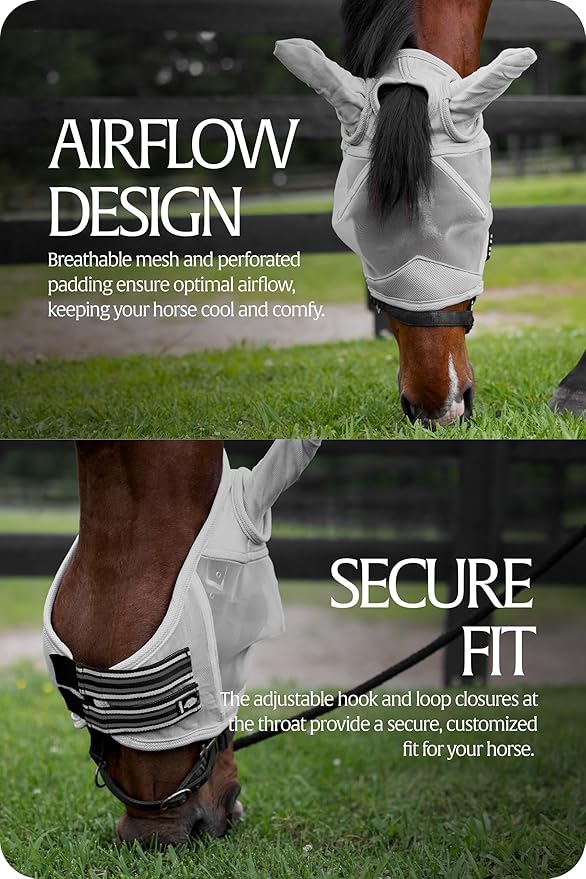 Equinavia Algard Soft Mesh Horse Fly Mask with Ear Protection and 45 UPF Rating | No Eye Irritation & UV Protection - Silver - Cob