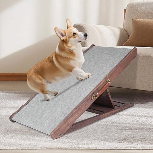Folding Dog Ramp for Bed, Couch, Car, SUV & RV - Adjustable 4 Heights (12.2"-19.2"), 35.4" Long Wooden Pet Ramp with Non-Slip Mat & Safety Rails - Supports Pets up to 200 lbs