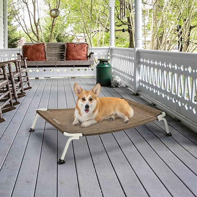 Veehoo Elevated Dog Bed for Outdoor, Cooling Waterproof Raised Dog Cots Beds for Medium Dogs, Curved Off Ground Pet Hammock Cot Lifted for Outside, up to 65lbs, White Legs, Brown 32"