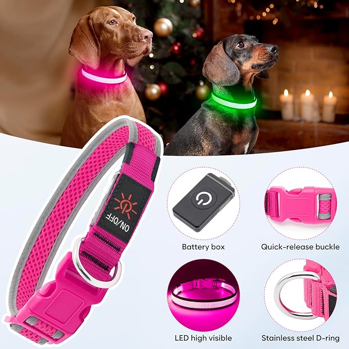 Flashseen LED Dog Collar, USB Rechargeable Light Up Dog Collar Lights, Adjustable Comfortable Soft Mesh Safety Pet Collar for Small, Medium, Large Dogs (Large, Candy Pink)