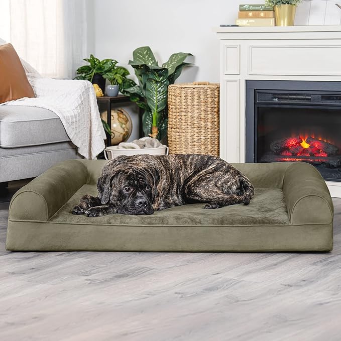 Furhaven Orthopedic Dog Bed for Large Dogs w/ Removable Bolsters & Washable Cover, For Dogs Up to 125 lbs - Faux Fur & Velvet Sofa - Dark Sage, Jumbo Plus/XXL