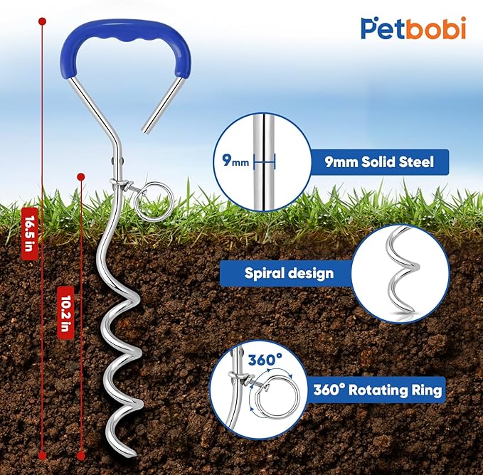 Petbobi Dog Tie Out Stake - 16″ Heavy Duty Dog Anchor for Yard Camping, 9mm Solid Steel, Soft Grip Handle Spiral Stake with No Tangle Connect Ring for Small to Large Pets Up to 120lbs, Blue/1pc