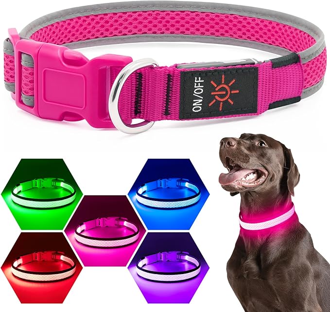 Flashseen LED Dog Collar, USB Rechargeable Light Up Dog Collar Lights, Adjustable Comfortable Soft Mesh Safety Pet Collar for Small, Medium, Large Dogs(Medium, Candy Pink)
