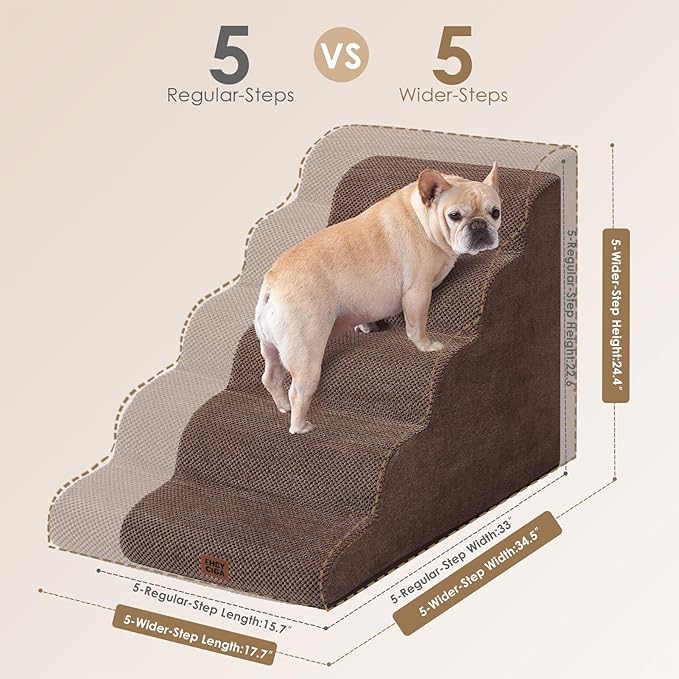 EHEYCIGA Curved Dog Stairs Ramp for High Beds, 5-Step Extra Wide Dog Steps for Small Dogs and Cats, Pet Stairs for High Bed Climbing, Non-Slip Balanced Pet Step Indoor, Brown