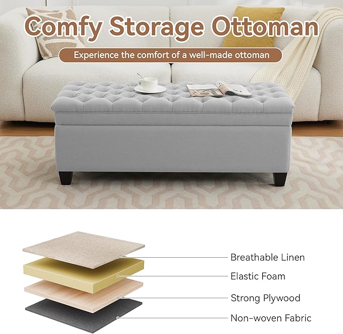 51" Fabric Storage Ottoman Bench, Upholstered Rectangle End of Bed Storage Ottoman Tufted Living Room Bedroom Bench with Safety Hinge, Solid Wood Legs, Loads 500 lb(Light Grey)