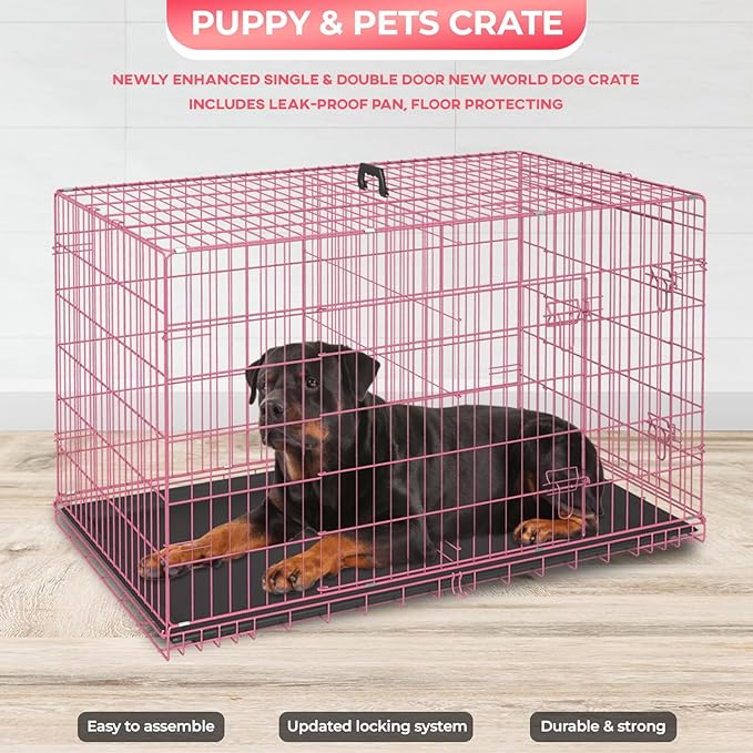 FDW Dog Crate for Large Dogs 48 Inch Folding Metal WirePet Cage Double Door W/Divider Panel Indoor Outdoor Kennel Leak-Proof Plastic Tray,Pink