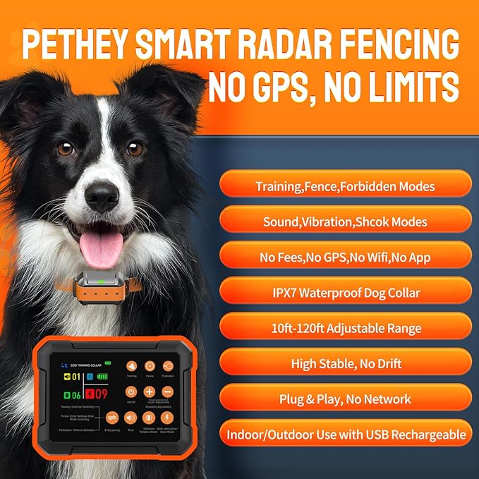2025 New Model 3-in-1 Wireless Dog Fence System - Radar Dog Fence, Training Collar, No-Go Zones for Large/Medium Dogs | 1-Acre Coverage | Indoor/Outdoor Use | Real-Time Tracking (for 2 Dogs)
