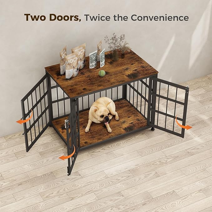 32 Inch Heavy Duty Wooden Dog Kennel End Table with Double Door Design and Secure Locks, Indoor Pet Crate Furniture for Medium Dogs, Decorative Home Cage Design,Aged Black