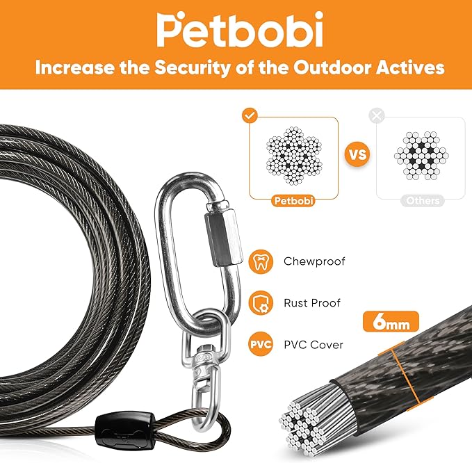 Petbobi Heavy Duty Dog Tie Out Cable and Stake - 30FT Steel Wire Dog Leads for Large Dogs Up to 300lbs, Anti Rust Spiral Stake with Strong Leash & 360° Swivel Hooks - Ideal for Yard, Outdoor & Camping
