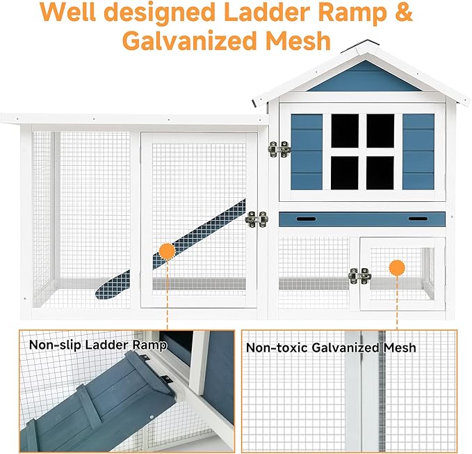 GARWOOD Large Outdoor Indoor Rabbit Hutch Wooden Bunny Rabbit Cage 2-Story with Run No-Leak Pull-Out Tray Waterproof Asphalt Roof Ramp for Guinea Pig Small Animal Wood Pet House Home Blue White