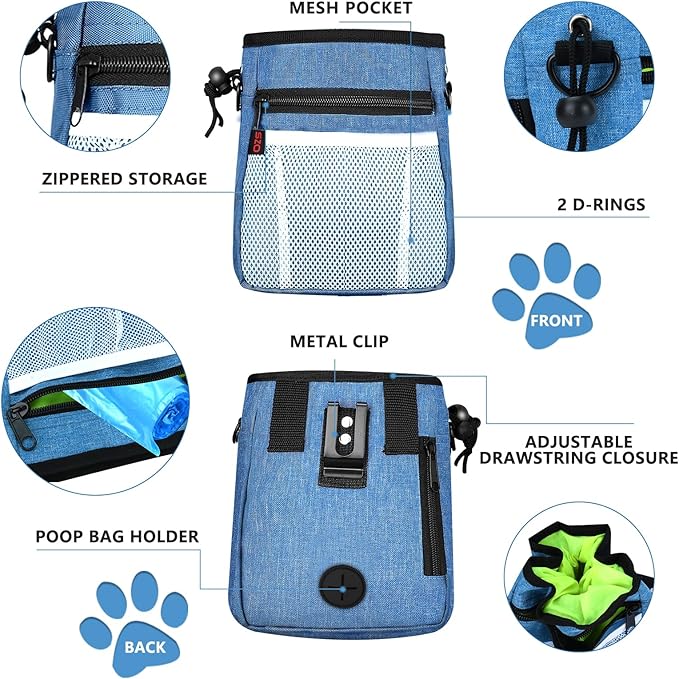 Dog Treat Pouch - 3 Ways to Wear Treat Pouches for Pet Training and 2 Pieces Clicker Taining for Dogs, Dog Training Treat Pouch Bag and Dog Clicker for Training with Waist Belt Shoulder Strap - Blue