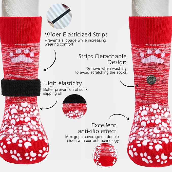 EXPAWLORER Anti Slip Dog Socks to Prevent Licking Paws, Dog Shoes for Hot Pavement, Dog Booties for Small Medium Large Senior Dogs, Traction Control Boots & Paw Protectors for Hardwood Floors-Red