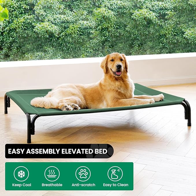 Elevated Dog Bed Raised Outdoor Dog Cot for Medium Dogs, Installation Requires No Tools, Frame with Washable Cooling Breathable Mesh Anti-Slip Feet, Indoor Pet Bed, Green, 35.4 Inches