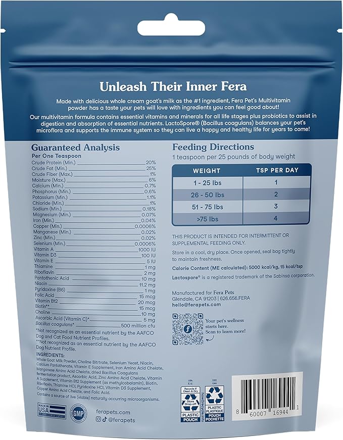 Fera Pets Goat Milk Topper - Multivitamin for Dogs & Cats with Probiotics - Supports Overall Health, Gut Health, and Immune System - for Picky Eaters - 60 TSP