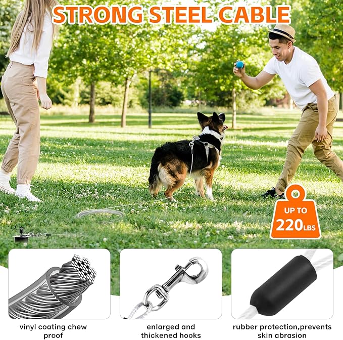 Snagle Paw Dog Tie Out Cable & Stake with Lock Cap - 20ft Heavy Duty Rust Proof Cable, 360° Swivel Dog Yard Leash & Stake Up to 220 lbs - Ground Anchor for Yard, Beach, Camping & Outdoor Use