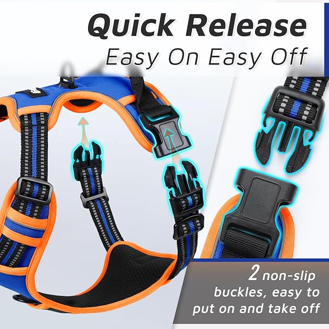 Eagloo Dog Harness for Large Dogs, No Pull Service Vest with Reflective Strips and Control Handle, Adjustable and Comfortable for Walking, No Choke Harness with 2 Metal Rings, Blue & Orange, M