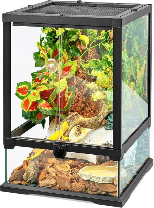 18x12x12 12 Gallon Glass Reptile Tank Front Opening Terrarium Suitable for Leopard Geckos, Snakes Tree Frogs Chameleons Watertight Base, Ventilated Metal Mesh Top, Pre-Drilled Cable Holes