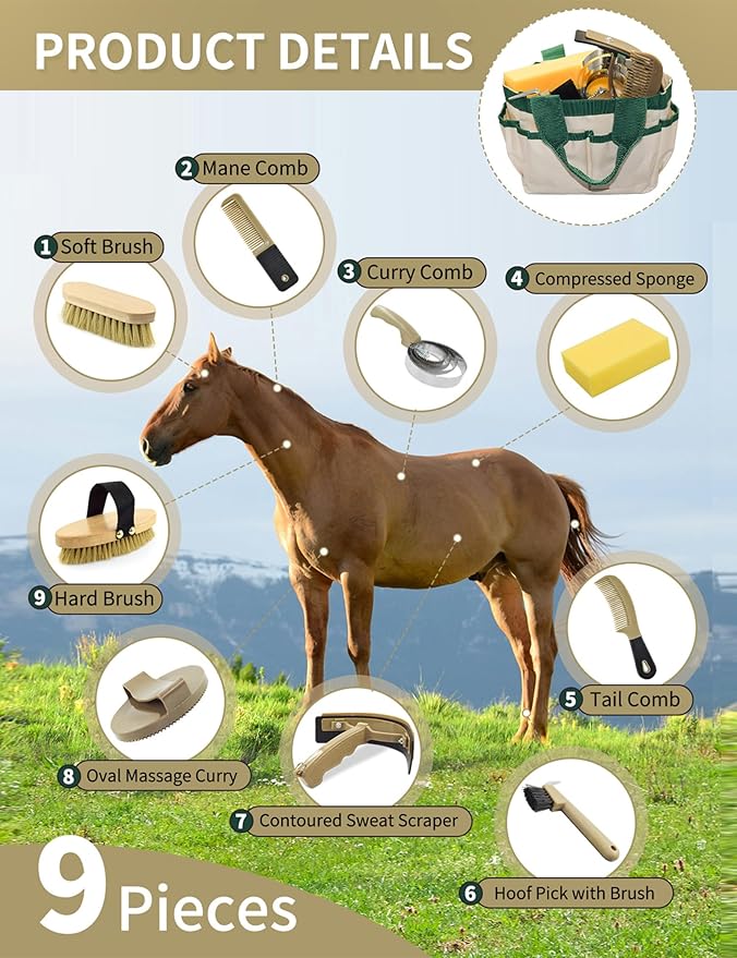 9 Pieces Horse Grooming Kit, Tack Room Supplies Set with Tote Bag, Horse Brush Set for Effective Cleaning and Bathing, Professional Equine Coat Care Kit for Horse Riders Beginner